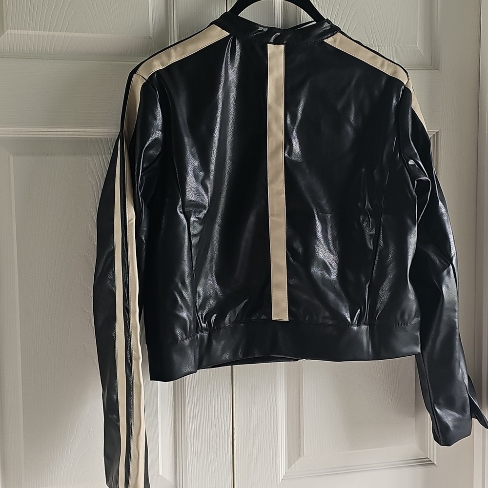 NWT Democracy Faux Leather Biker Jacket Retro Y2K Large Black/Cream - Picture 12 of 15